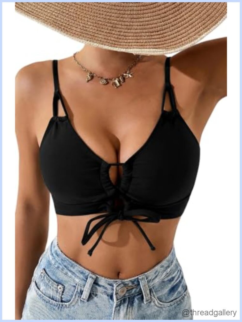 Lace Up Push Up Bikini Top Triangle Cutout Swim Top with Adjustable Straps and